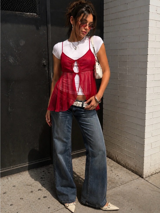 Victoria's Secret Tops - VTG Victoria secret Babydoll Cami Tie Front Sheer Red Large Y2K Fairy 90s Glam